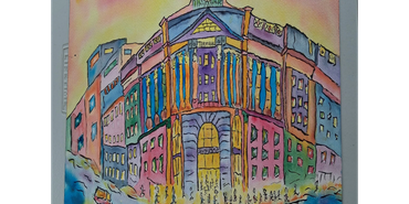 Watercolor painting of a colorful city scene with buildings and vehicles.
