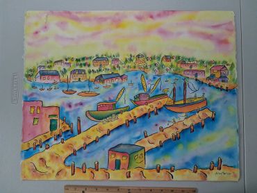 Colorful painting of a harbor with boats and buildings.