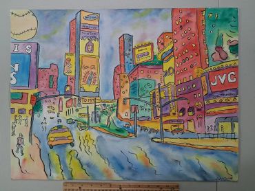 Colorful painting of a city street with buildings and cars.