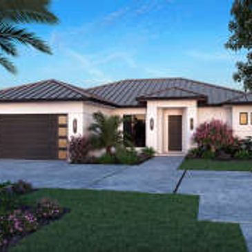 Modern single-story house with a tiled roof and landscaped front yard.