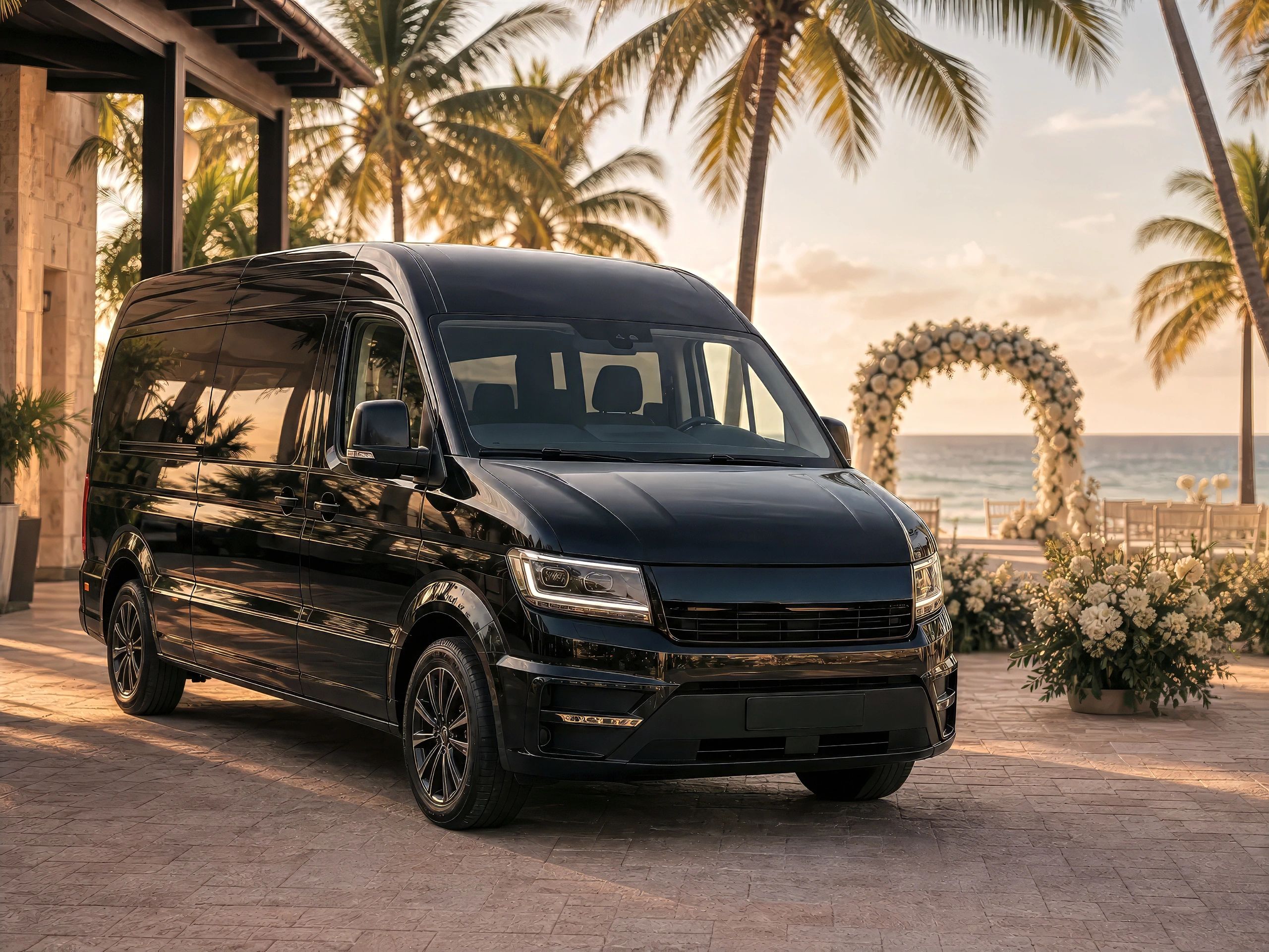 Black passenger van parked near a beachside wedding setup with palm trees.