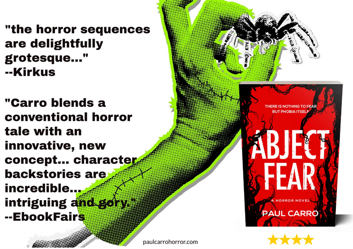 Severed hand holding a spider and the cover to the horror book Abject Fear. Picture comes with two p