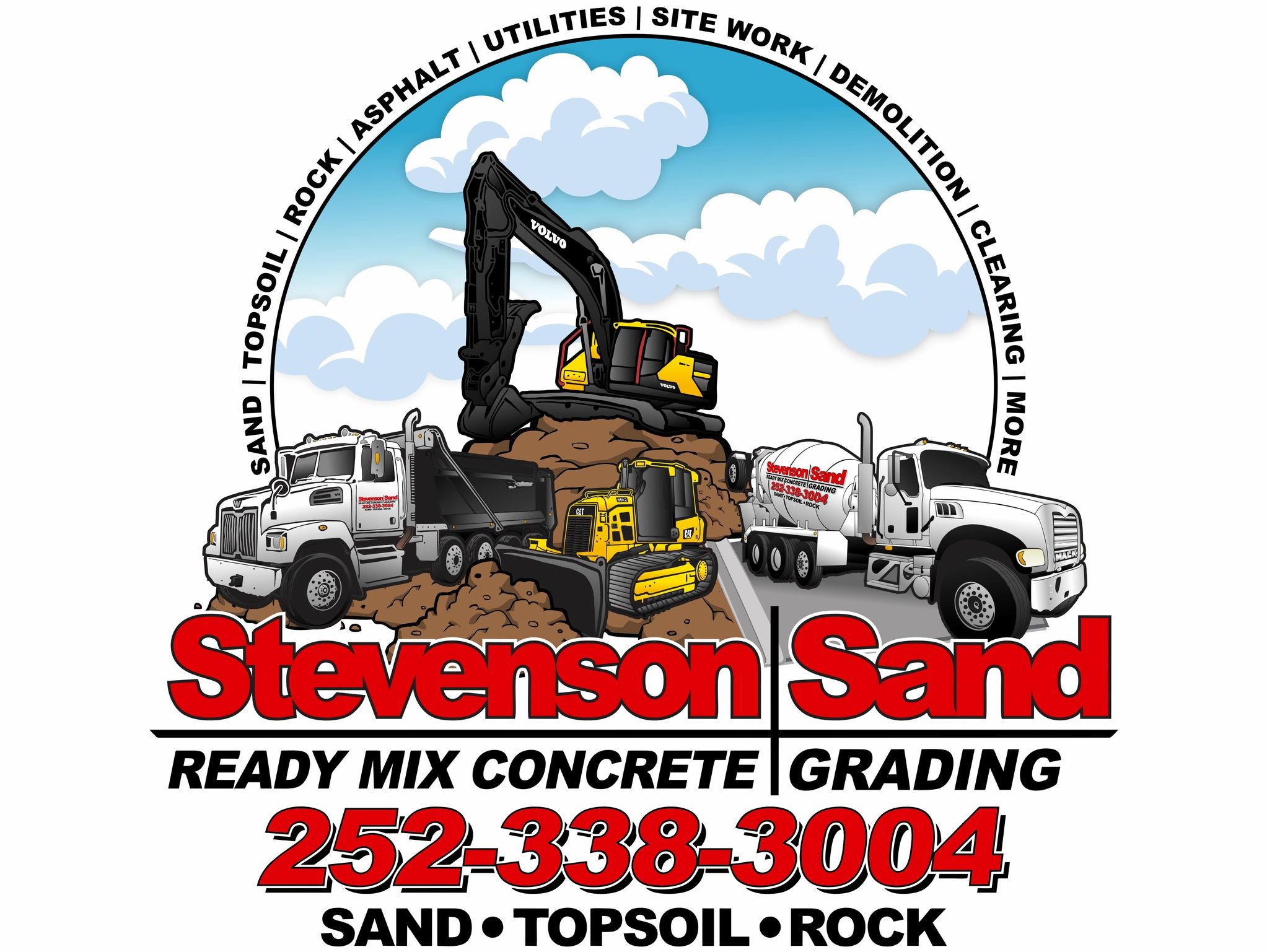 Stevenson Sand logo with construction trucks and equipment, contact number highlighted.