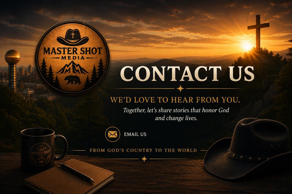 Contact us banner with sunset, cross, and Master Shot Media logo.