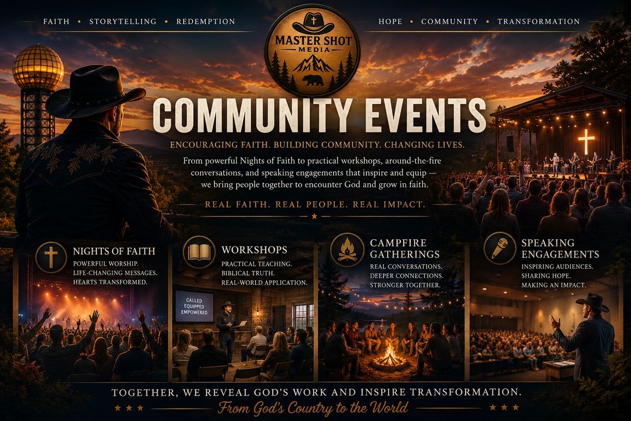 Community events promoting faith, storytelling, and transformation with worship, workshops, campfires, and speaking.