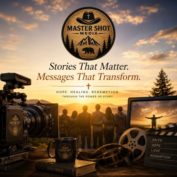 Logo and tagline for Master Shot Media with film equipment and sunset backdrop.