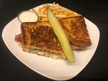 Toasted turkey melt sandwich  and French Fries on a plate with a dipping sauce