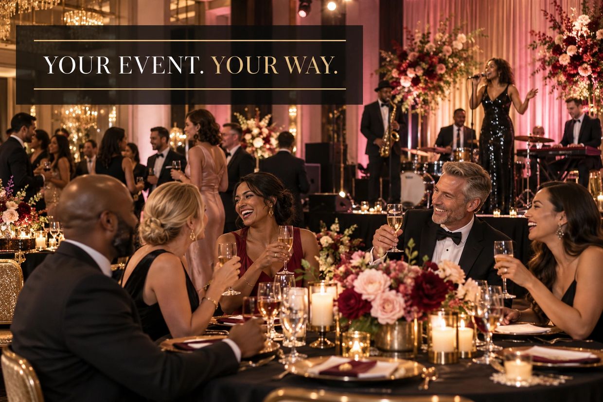 Elegant event with guests enjoying drinks and live music.