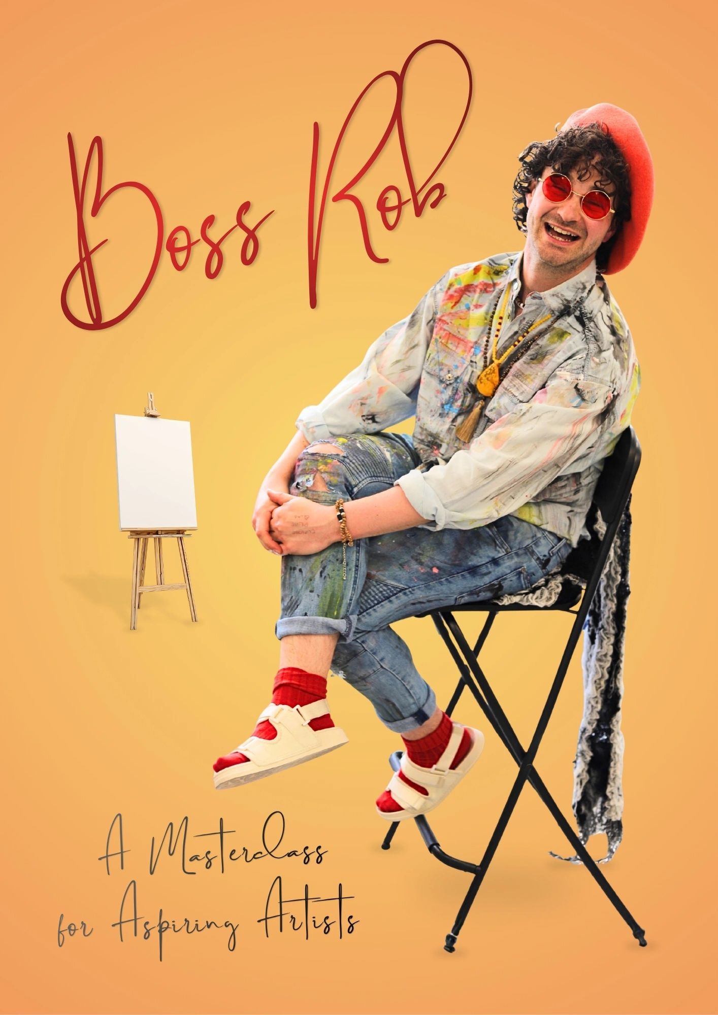 Colorful artist in a red hat smiling with an easel and blank canvas.