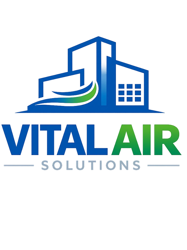 Logo of Vital Air Solutions featuring a building and airflow design.