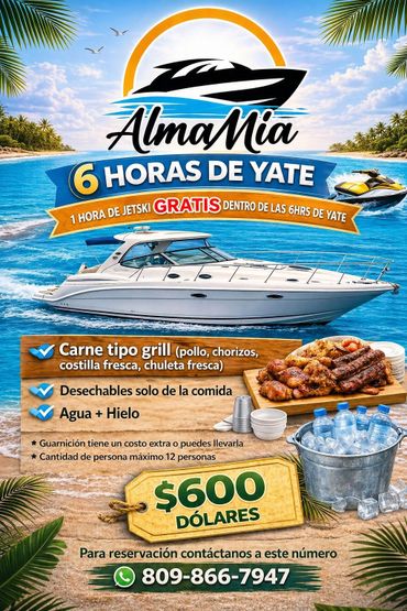 Oferta de 6 horas de yate con comida tipo grill y jetski gratis.