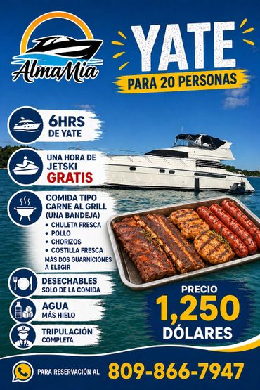 Yacht rental for 20 people with food, drinks, and jetski included for $1,250.