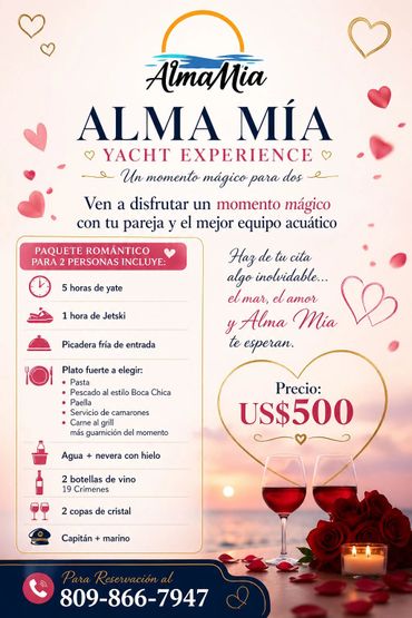 Promotional flyer for Alma Mía Yacht Experience romantic package for couples.