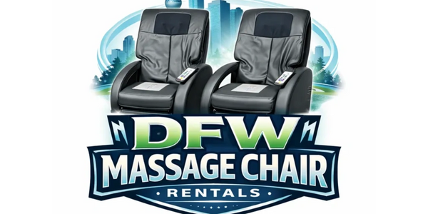 Two black massage chairs with remotes and the text 'DFW Massage Chair Rentals'.