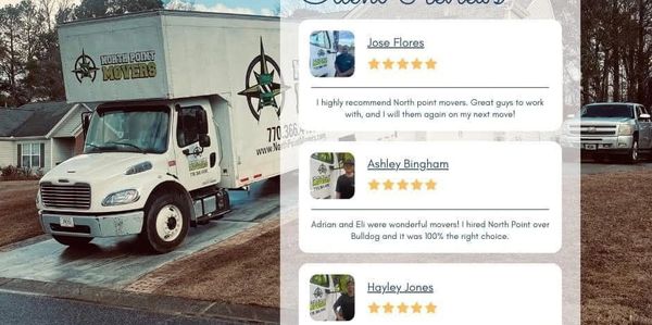 Moving truck from North Point Movers with client reviews praising their service.