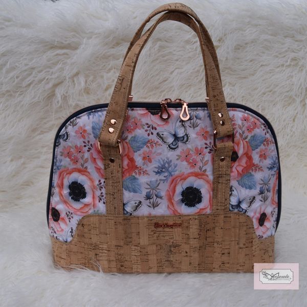 Coral and grey floral print, and natural cork bowler bag