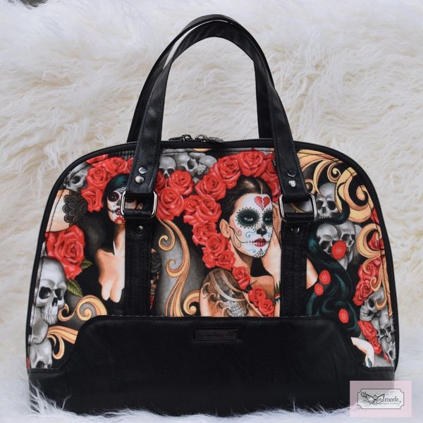 Black & red sugar skull bowler bag