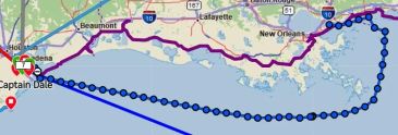 Map showing a route from Houston to New Orleans along the Gulf Coast.