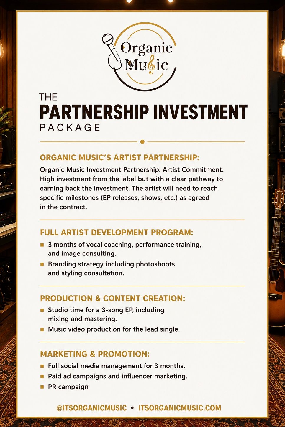 Organic Music's Partnership Investment Package details for artist development and promotion.
