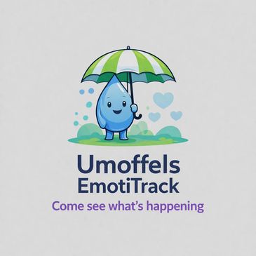 A cute water droplet character holding an umbrella with text promoting Umoffels EmotiTrack.