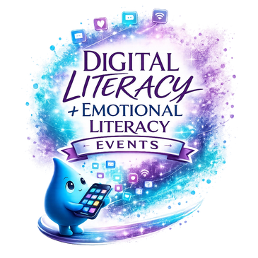 Digital Literacy and Emotional Literacy Events logo with a cute character holding a tablet.