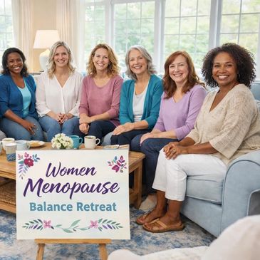 A group of women at a menopause balance retreat smiling together.