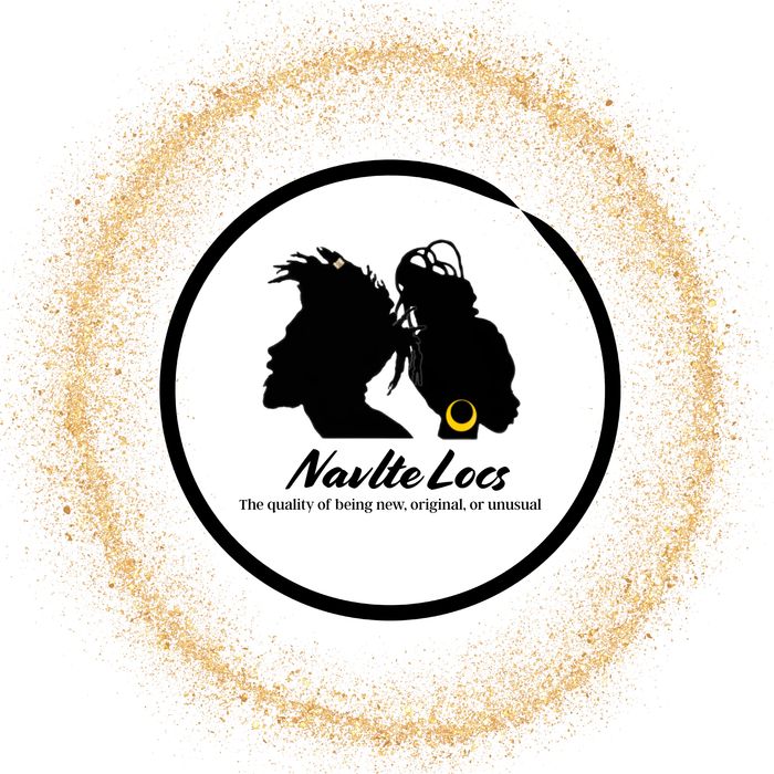 Logo featuring silhouettes of a man and woman with dreadlocks, surrounded by a golden sparkle circle.