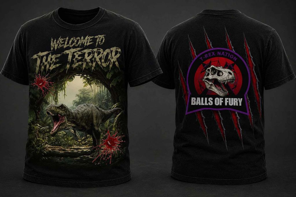 Black T-rex themed T-shirt with "Welcome to the Terror" and dinosaur skull design.