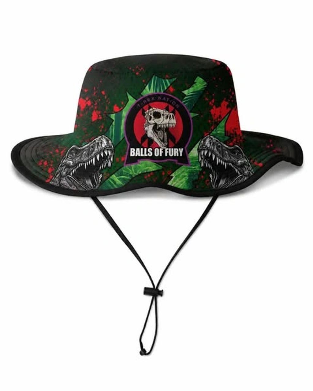 Dinosaur-themed bucket hat with 'Balls of Fury' text.