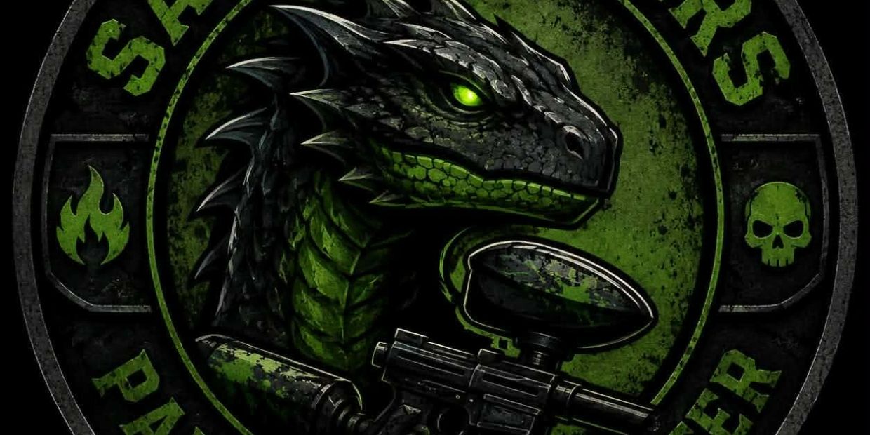 Green and black dragon holding a paintball gun emblem.