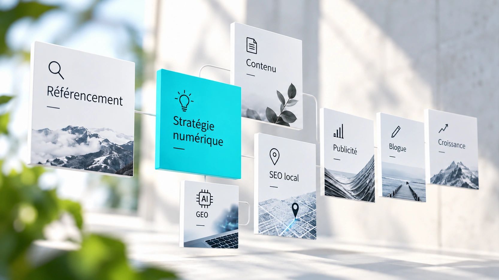 Services offerts par la boîte turquoise : Référencement, Stratégie numérique, Contenu, SEO, GEO
