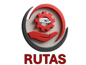 Logo with a red hand, gear, and airplane, labeled 'RUTAS'.