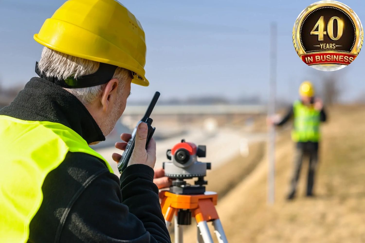 Two surveyors talking on walkie talkies.