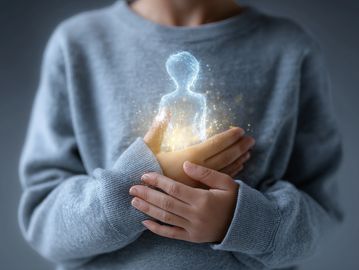 A person holding a glowing holographic human figure in their hands.