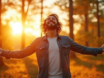 Man joyfully embraces the golden sunlight in an autumn forest.