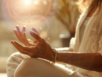 Person meditating with hands open in sunlight.