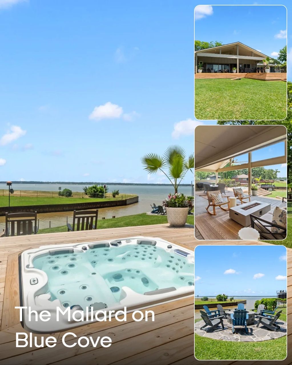 Scenic lakeside retreat with hot tub, cozy patio, and fire pit seating area.