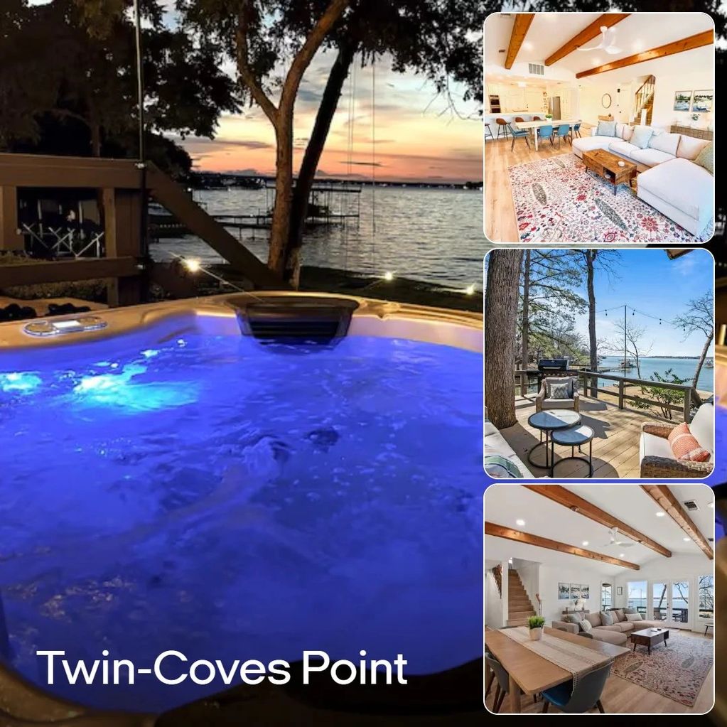 Lakeside retreat at Twin-Coves Point with a glowing hot tub and cozy indoor spaces.