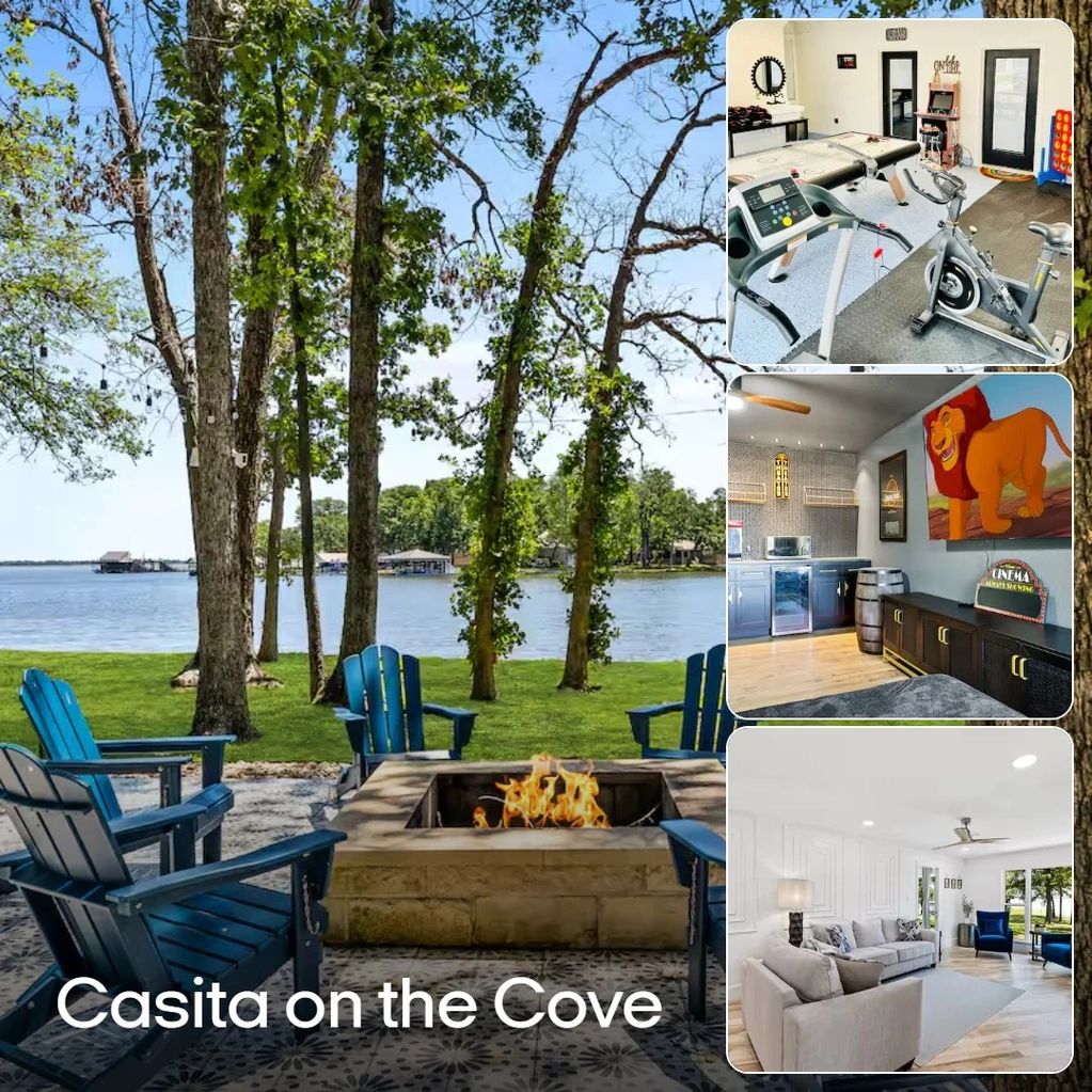 Lakefront retreat with fire pit, gym, cozy living room, and entertainment area.