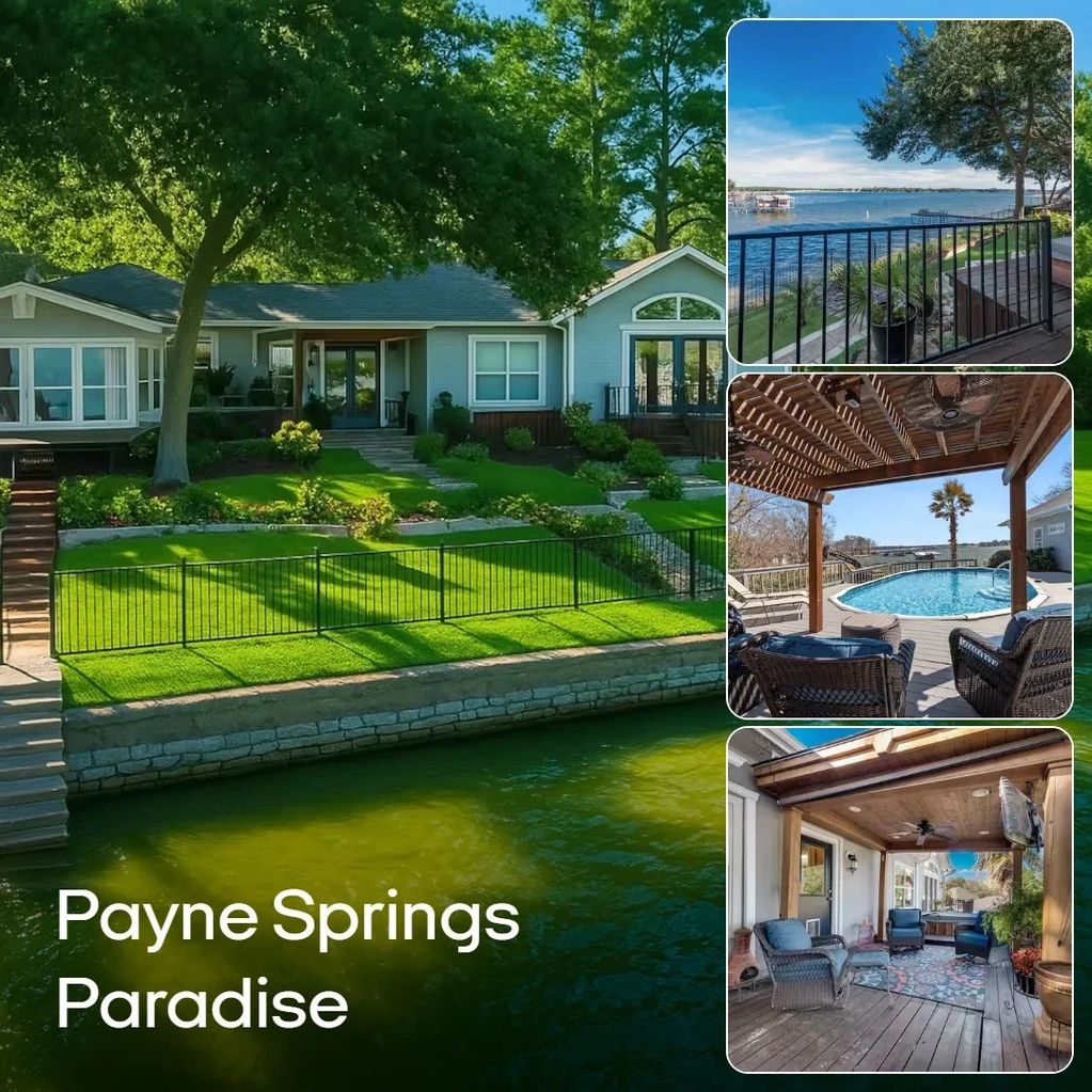 Beautiful lakeside home with lush greenery, pool, and cozy patio.