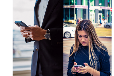 Two people focused on their smartphones, one in business attire, one casually dressed.