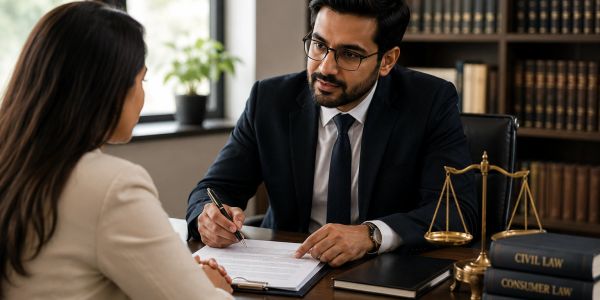 Lawyer consulting client in office.