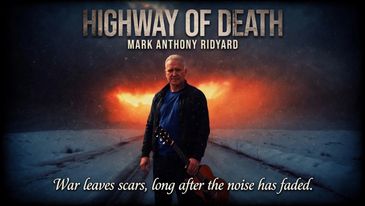 Movie poster for 'Highway of Death' featuring a man with a guitar against a fiery background.