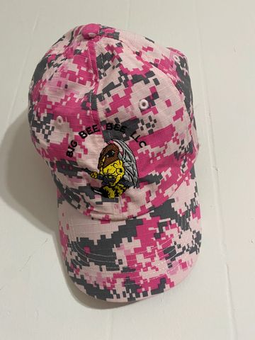 Pink digital hat with adjustable back and Big Bee Bee LLC logo on the front. 