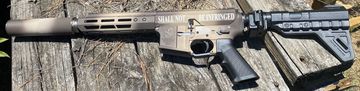 Custom cerakote and laser engraved pistol with suppressor, folding stock, pistol brace