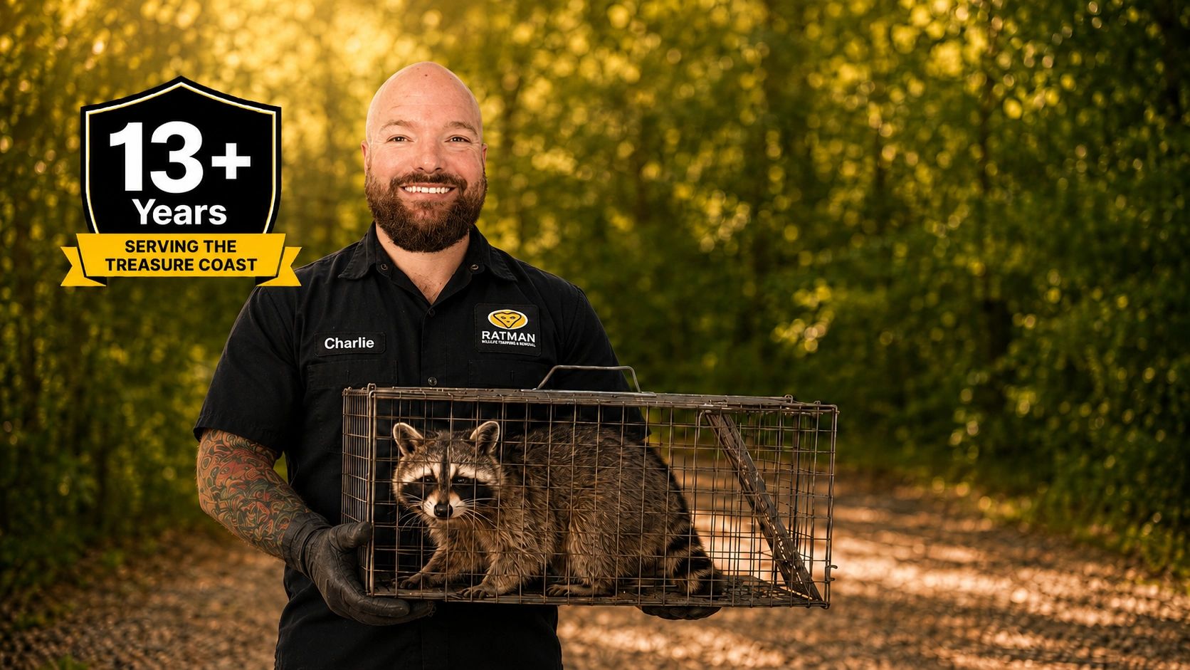 Pest control worker Charlie holding a trap with a raccoon.