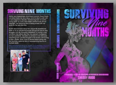 Book cover of "Surviving Nine Months" by Sherry Rudd featuring a pregnant silhouette and bold purple text.