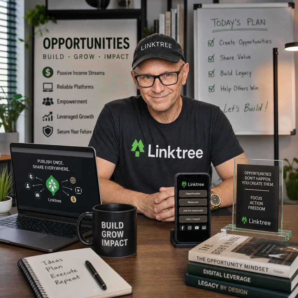 Man promoting Linktree with motivational business setup.