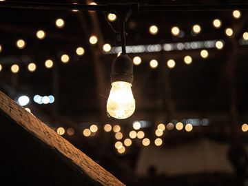 String lights at wedding reception.