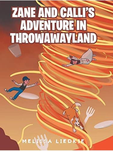 Book cover showing Zane, Calli, and a dog caught in a swirling tornado of spaghetti and utensils.